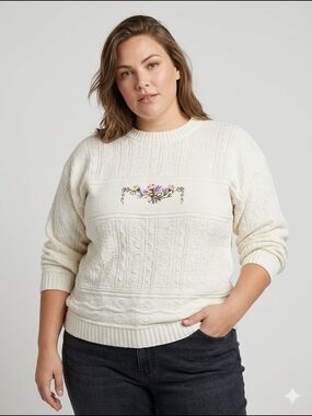Vintage Tradition Sears Cream Cable-Knit Floral Appliqué Sweater - Women